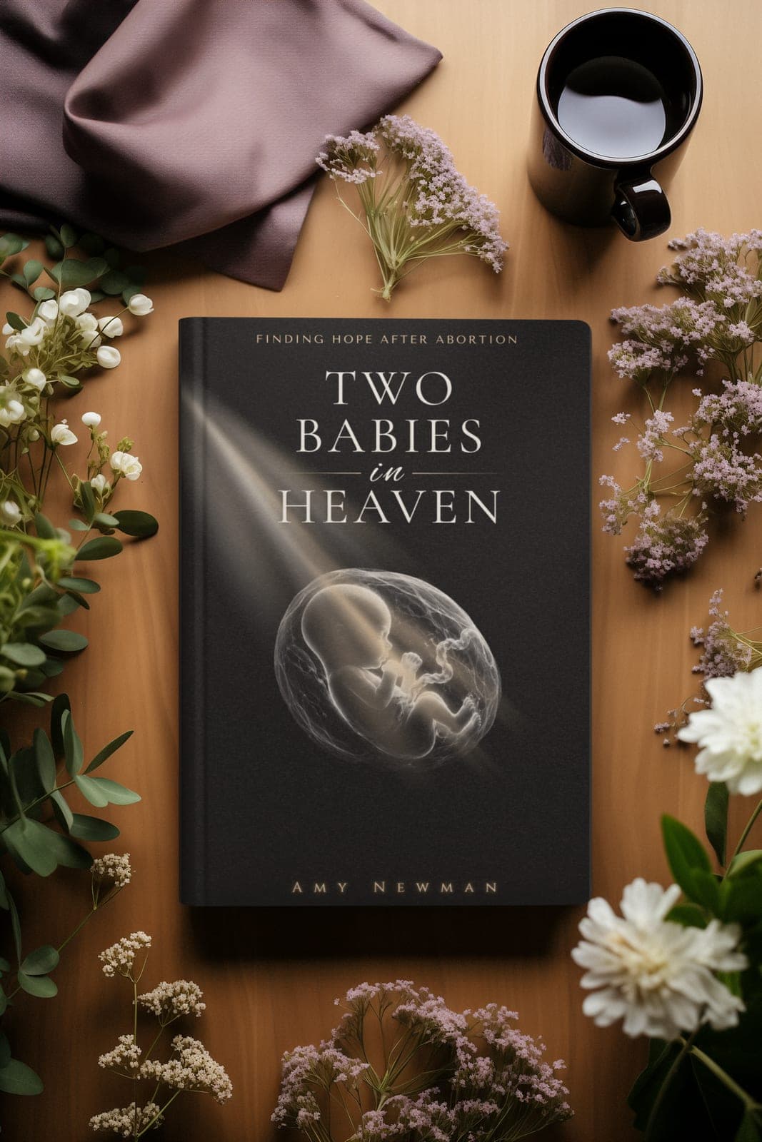 Two Babies in Heaven by Amy Newman, shown on a table with flowers